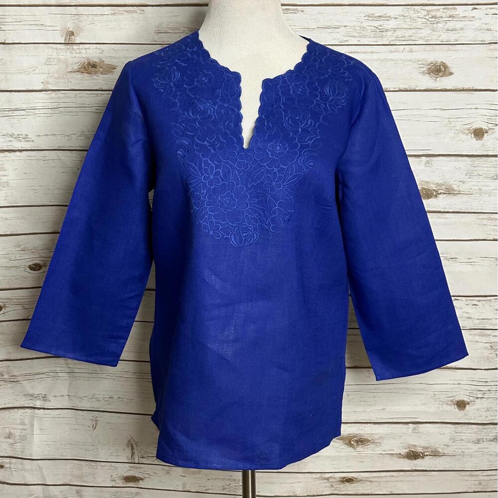 Susan Bristol coastal cobalt blue floral embroidered linen V-neck tunic Large